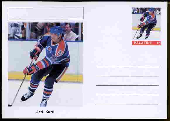Palatine (Fantasy) Personalities - Jari Kurri (ice hockey) postal stationery card unused and fine, stamps on personalities, stamps on sport, stamps on ice hockey, stamps on 