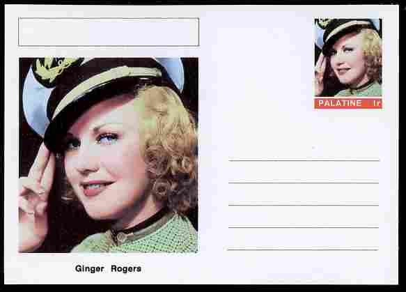 Palatine (Fantasy) Personalities - Ginger Rogers (actress) postal stationery card unused and fine, stamps on , stamps on  stamps on personalities, stamps on  stamps on films, stamps on  stamps on movies, stamps on  stamps on cinema, stamps on  stamps on women, stamps on  stamps on dance, stamps on  stamps on dancing