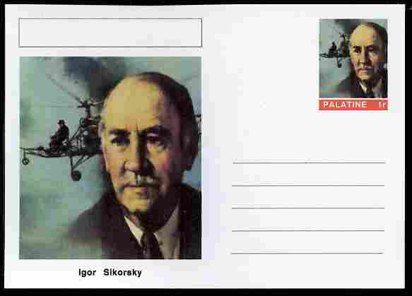 Palatine (Fantasy) Personalities - Igor Sikorsky (aviation pioneer) postal stationery card unused and fine, stamps on personalities, stamps on aviation, stamps on helicopters
