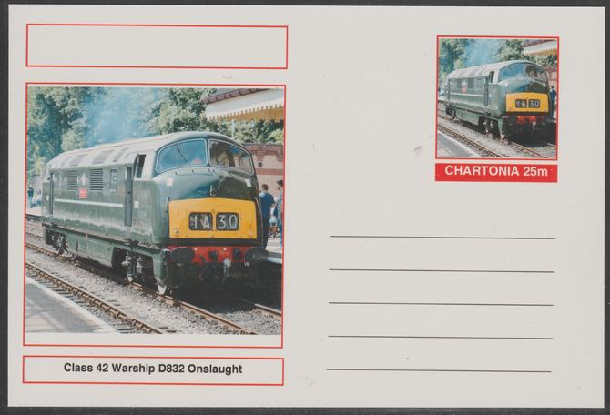 Chartonia (Fantasy) Railways - Class 42 Warship D832 Onslaught postal stationery card unused and fine, stamps on transport, stamps on railways