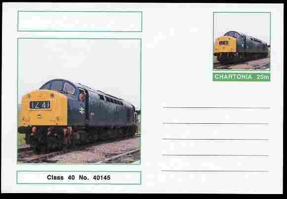 Chartonia (Fantasy) Railways - Class 40 No. 40145 postal stationery card unused and fine, stamps on transport, stamps on railways