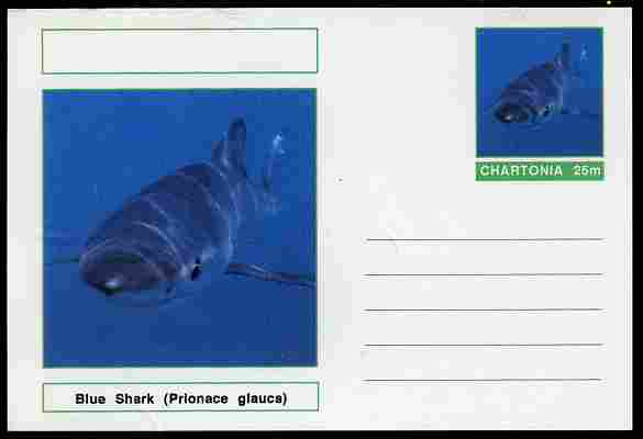 Chartonia (Fantasy) Fish - Blue Shark (Prionace glauca) postal stationery card unused and fine, stamps on fish, stamps on sharks