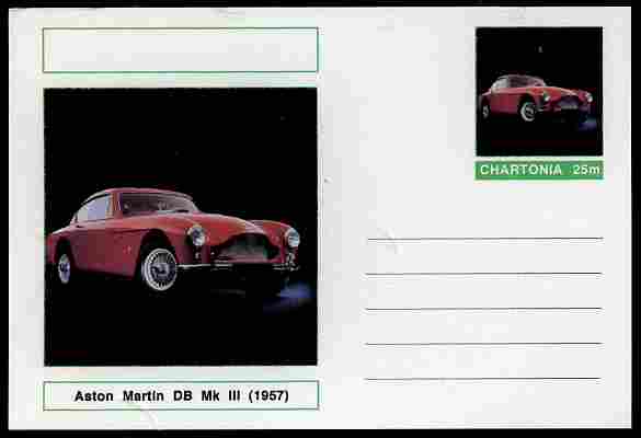 Chartonia (Fantasy) Cars - 1957 Aston Martin DB Mk III postal stationery card unused and fine, stamps on transport, stamps on cars, stamps on 