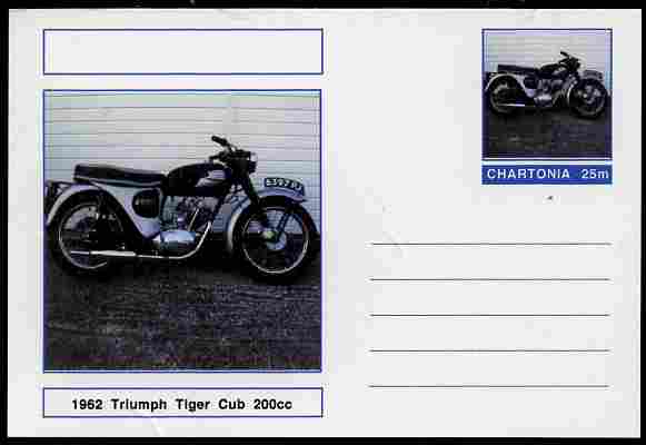 Chartonia (Fantasy) Motorcycles - 1962 Triumph Tiger Cub postal stationery card unused and fine, stamps on transport, stamps on motorbikes, stamps on 