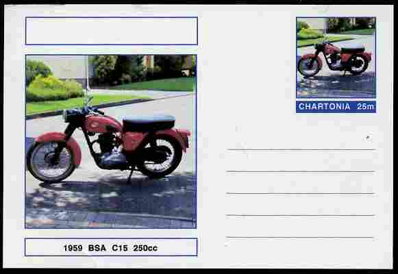 Chartonia (Fantasy) Motorcycles - 1959 BSA C15 postal stationery card unused and fine, stamps on transport, stamps on motorbikes, stamps on 