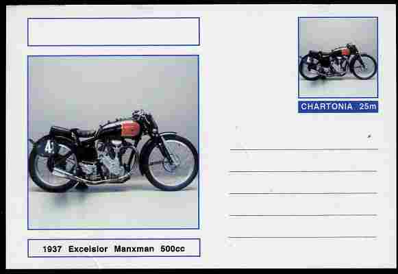 Chartonia (Fantasy) Motorcycles - 1937 Excelsior Manxman postal stationery card unused and fine, stamps on transport, stamps on motorbikes, stamps on 