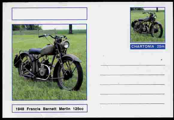 Chartonia (Fantasy) Motorcycles - 1948 Francis Barnett Merlin postal stationery card unused and fine, stamps on transport, stamps on motorbikes, stamps on 