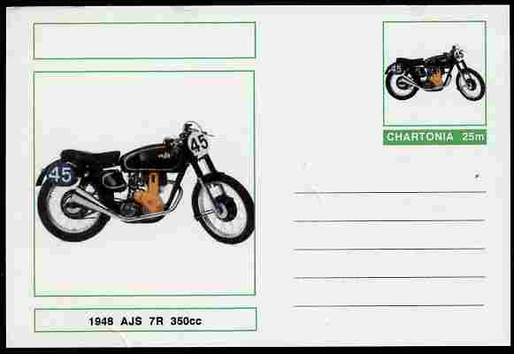 Chartonia (Fantasy) Motorcycles - 1948 AJS 7R postal stationery card unused and fine, stamps on transport, stamps on motorbikes, stamps on 