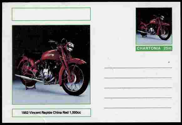 Chartonia (Fantasy) Motorcycles - 1952 Vincent Rapide postal stationery card unused and fine, stamps on transport, stamps on motorbikes, stamps on 
