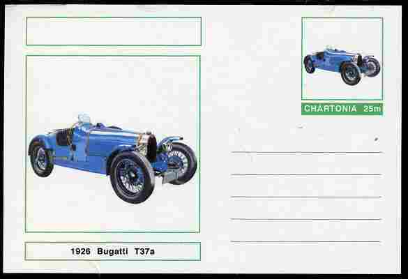 Chartonia (Fantasy) Cars - 1926 Bugatti T37a postal stationery card unused and fine, stamps on transport, stamps on cars, stamps on bugatti
