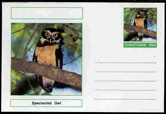 Chartonia (Fantasy) Birds - Spectacled Owl (Pulsatrix perspicillata) postal stationery card unused and fine, stamps on birds, stamps on birds of prey, stamps on owls