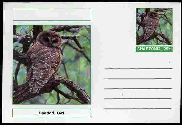 Chartonia (Fantasy) Birds - Spotted Owl (Strix occidentalis) postal stationery card unused and fine, stamps on birds, stamps on birds of prey, stamps on owls