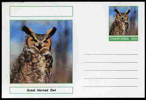 Chartonia (Fantasy) Birds - Great Horned Owl (Bubo virginianus) postal stationery card unused and fine, stamps on birds, stamps on birds of prey, stamps on owls