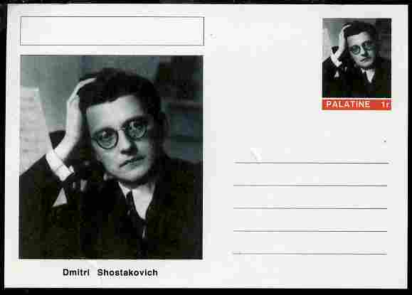 Palatine (Fantasy) Personalities - Dmitri Shostakovich (composer) postal stationery card unused and fine, stamps on personalities, stamps on music, stamps on composers, stamps on opera