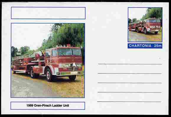 Chartonia (Fantasy) Fire Engines - 1969 Oren-Pirsch ladder Unit postal stationery card unused and fine, stamps on transport, stamps on fire