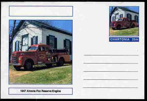 Chartonia (Fantasy) Fire Engines - 1947 Ahrens Fox Reserve Engine postal stationery card unused and fine, stamps on transport, stamps on fire