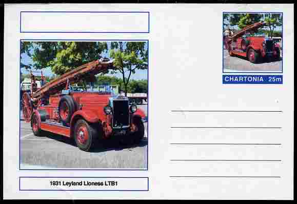 Chartonia (Fantasy) Fire Engines - 1931 Leyland Lioness LTB1 postal stationery card unused and fine, stamps on transport, stamps on fire