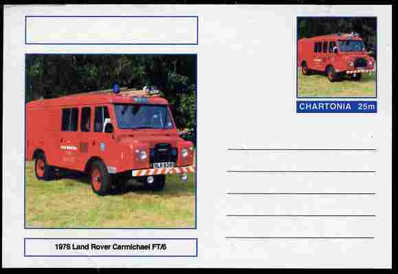 Chartonia (Fantasy) Fire Engines - 1976 Land Rover Carmichael FT/6 postal stationery card unused and fine, stamps on , stamps on  stamps on transport, stamps on  stamps on fire