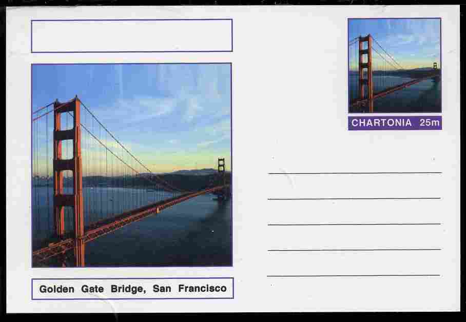 Chartonia (Fantasy) Bridges - Golden Gate Bridge, San Francisco postal stationery card unused and fine, stamps on bridges, stamps on civil engineering