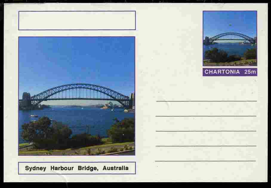 Chartonia (Fantasy) Bridges - Sydney Harbour Bridge, Australia postal stationery card unused and fine, stamps on bridges, stamps on civil engineering