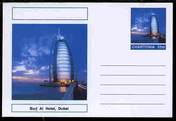 Chartonia (Fantasy) Landmarks - Burj Al Hotel, Dubai postal stationery card unused and fine, stamps on tourism, stamps on civil engineering