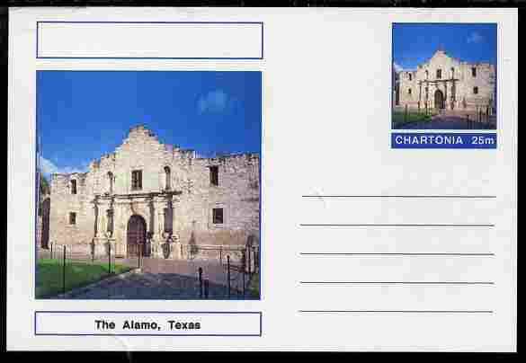 Chartonia (Fantasy) Landmarks - The Alamo, Texas postal stationery card unused and fine, stamps on tourism, stamps on americana, stamps on religion