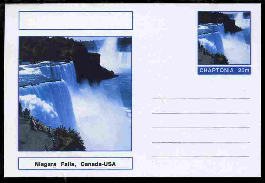 Chartonia (Fantasy) Landmarks - Niagara Falls, Canada-USA postal stationery card unused and fine, stamps on tourism, stamps on waterfalls