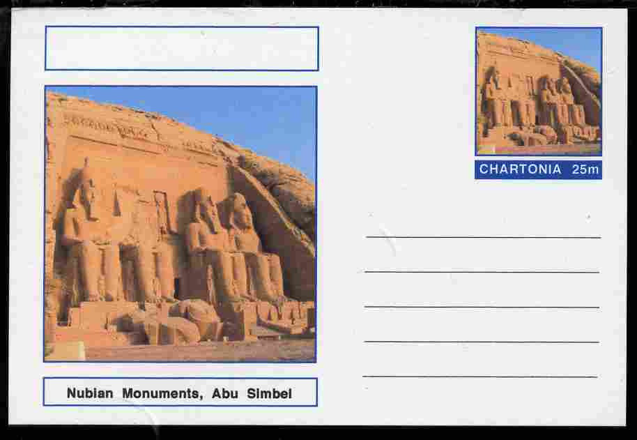 Chartonia (Fantasy) Landmarks - Nubian Monuments, Abu Simbel postal stationery card unused and fine, stamps on tourism, stamps on monuments, stamps on egyptology