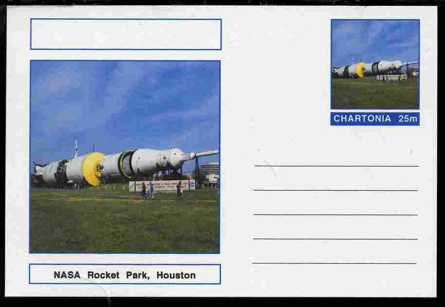 Chartonia (Fantasy) Landmarks - NASA Rocket Park, Houston postal stationery card unused and fine, stamps on tourism, stamps on space, stamps on rockets, stamps on americana, stamps on apollo