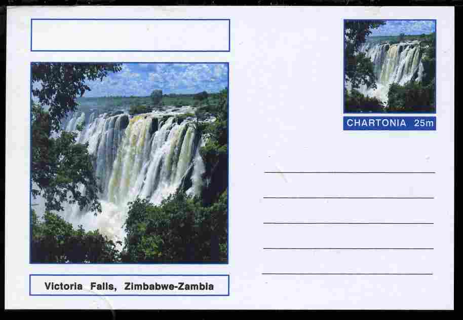 Chartonia (Fantasy) Landmarks - Victoria Falls, Zimbabwe-Zambia postal stationery card unused and fine, stamps on tourism, stamps on waterfalls