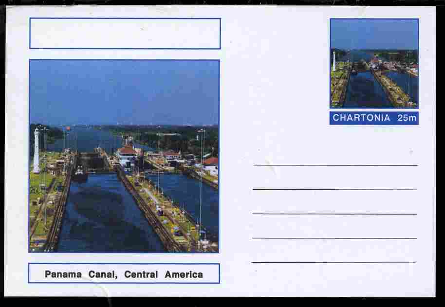 Chartonia (Fantasy) Landmarks - Panama Canal, Central America postal stationery card unused and fine, stamps on tourism, stamps on canals, stamps on ships