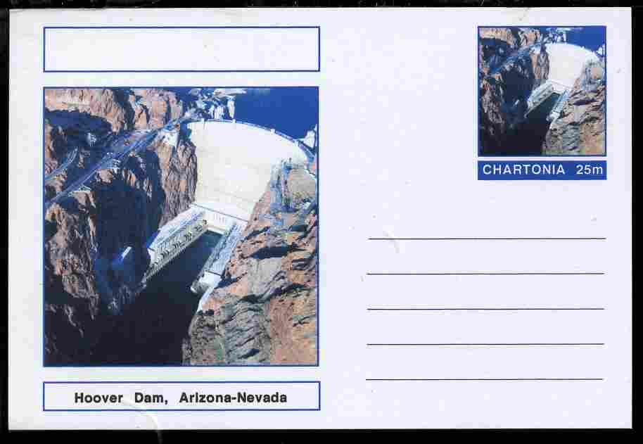 Chartonia (Fantasy) Landmarks - Hoover Dam, Arizona-Nevada postal stationery card unused and fine, stamps on tourism, stamps on civil engineering, stamps on dams, stamps on irrigation