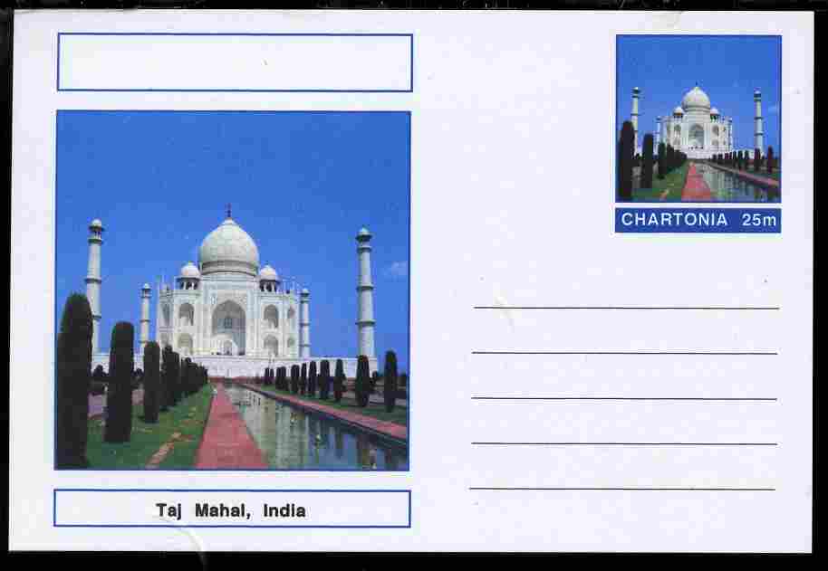 Chartonia (Fantasy) Landmarks - Taj Mahal, India postal stationery card unused and fine, stamps on tourism, stamps on civil engineering, stamps on religion