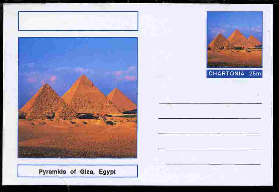 Chartonia (Fantasy) Landmarks - Pyramids at Giza, Egypt postal stationery card unused and fine, stamps on tourism, stamps on monuments, stamps on egyptology