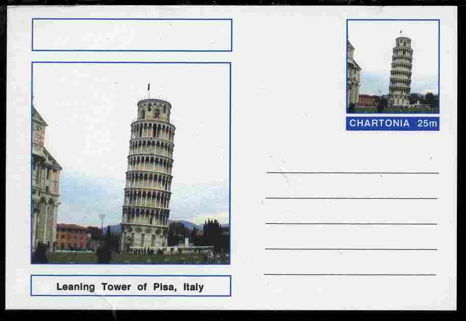 Chartonia (Fantasy) Landmarks - Leaning Tower of Pisa, Italy postal stationery card unused and fine, stamps on tourism, stamps on civil engineering, stamps on towers