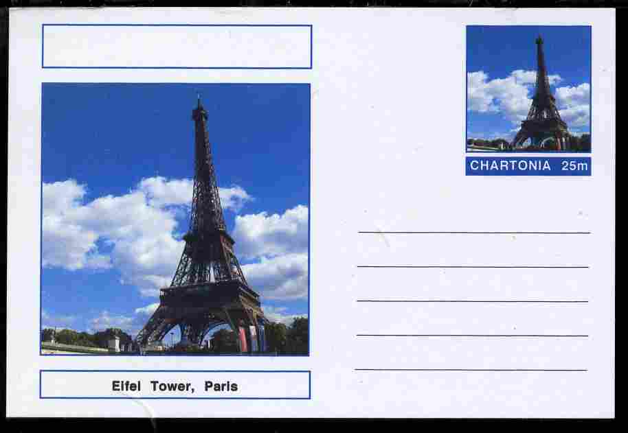 Chartonia (Fantasy) Landmarks - Eiffel Tower, Paris postal stationery card unused and fine, stamps on tourism, stamps on civil engineering, stamps on towers