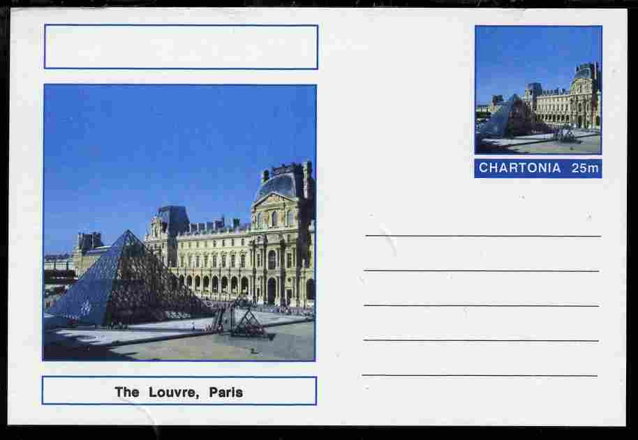 Chartonia (Fantasy) Landmarks - The Louvre, Paris postal stationery card unused and fine, stamps on tourism, stamps on museums, stamps on arts