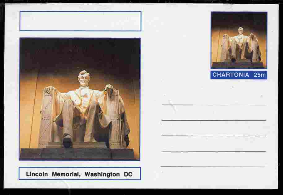 Chartonia (Fantasy) Landmarks - Lincoln Memorial, Washington DC postal stationery card unused and fine, stamps on tourism, stamps on statues, stamps on monuments, stamps on americana, stamps on usa presidents, stamps on lincoln, stamps on 