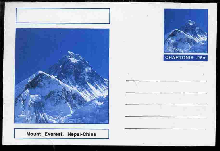 Chartonia (Fantasy) Landmarks - Mount Everest, Nepal-China postal stationery card unused and fine, stamps on tourism, stamps on mountains