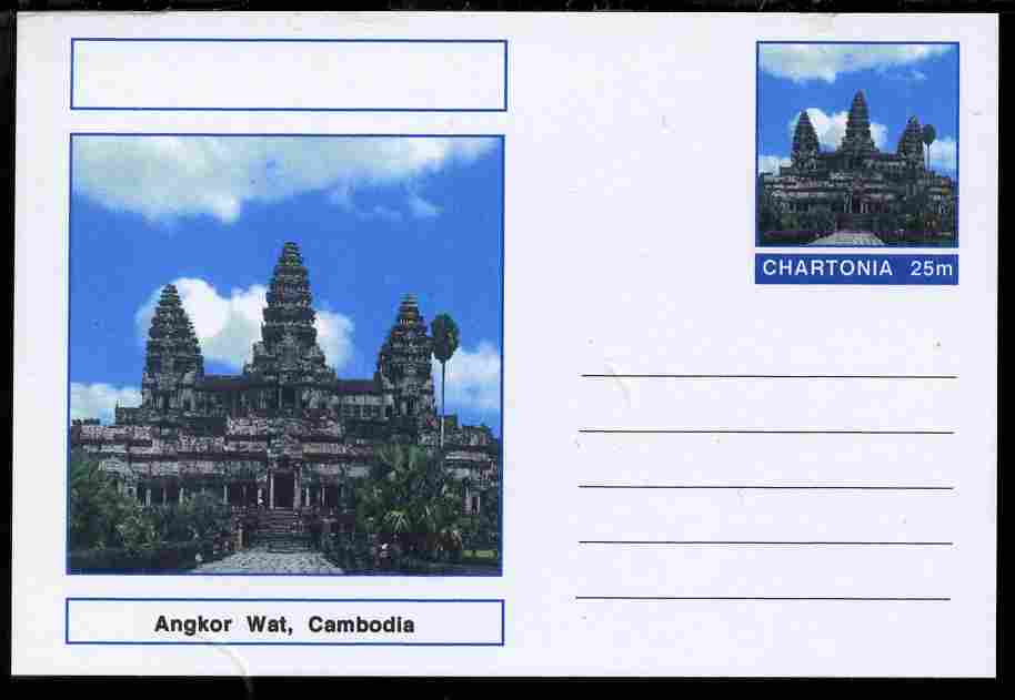 Chartonia (Fantasy) Landmarks - Angkor Wat, Cambodia postal stationery card unused and fine, stamps on tourism, stamps on religions, stamps on buddhism