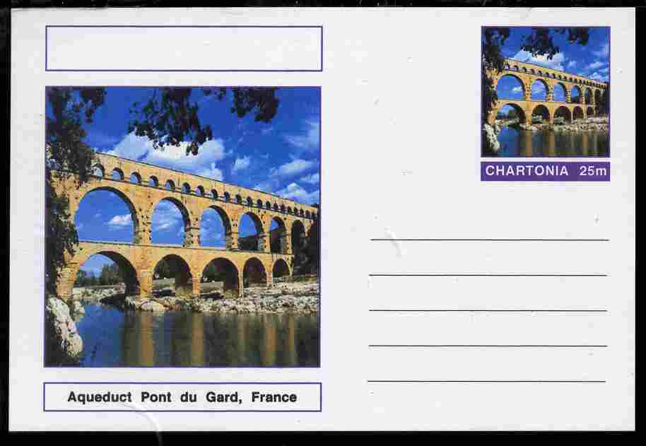 Chartonia (Fantasy) Bridges - Aqueduct Pont du Gard, France postal stationery card unused and fine, stamps on , stamps on  stamps on bridges, stamps on  stamps on civil engineering, stamps on  stamps on irrigation, stamps on  stamps on canals