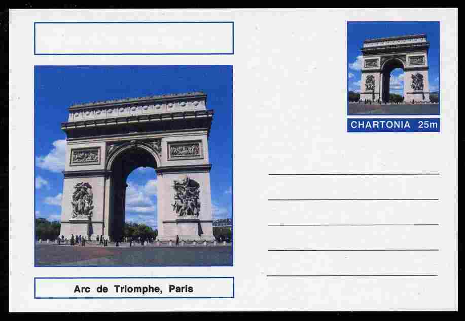 Chartonia (Fantasy) Landmarks - Arc de Triomphe, Paris postal stationery card unused and fine, stamps on tourism, stamps on monuments