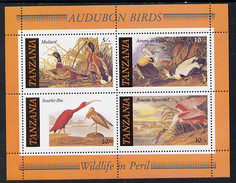Tanzania 1986 John Audubon Birds m/sheet unmounted mint SG MS 468, stamps on audubon, stamps on birds, stamps on ducks, stamps on mallard, stamps on eider, stamps on ibis, stamps on spoonbill