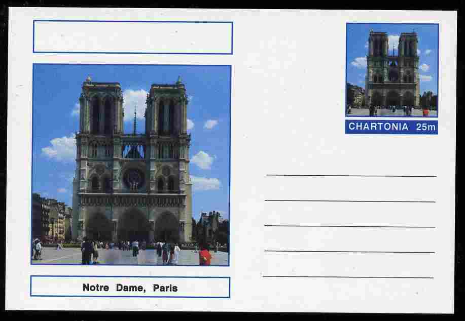 Chartonia (Fantasy) Landmarks - Notre Dame, Paris postal stationery card unused and fine, stamps on tourism, stamps on churches, stamps on cathedrals
