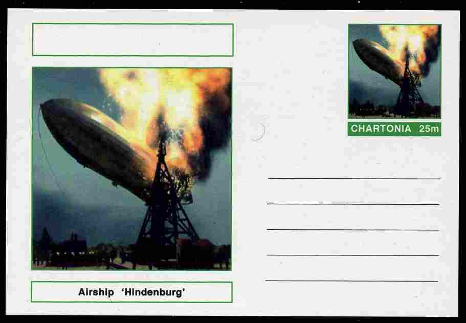 Chartonia (Fantasy) Airships & Balloons - Hindenburg LZ-129 postal stationery card unused and fine, stamps on transport, stamps on aviation, stamps on airships, stamps on zeppelins