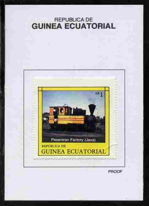 Equatorial Guinea 1977 Locomotives 1EK Pesentran Factory (Java) proof in issued colours mounted on small card - as Michel 1145, stamps on railways