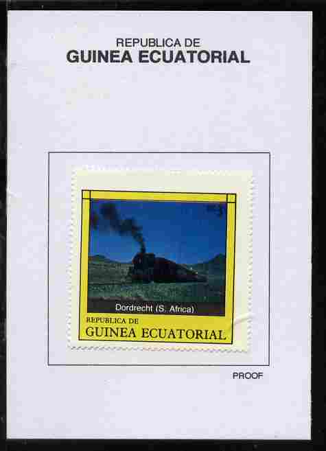 Equatorial Guinea 1977 Locomotives 3EK Dordrecht (S Africa) proof in issued colours mounted on small card - as Michel 1146, stamps on railways