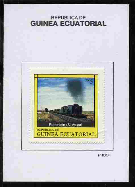 Equatorial Guinea 1977 Locomotives 5EK Potfontein (S Africa) proof in issued colours mounted on small card - as Michel 1147, stamps on railways