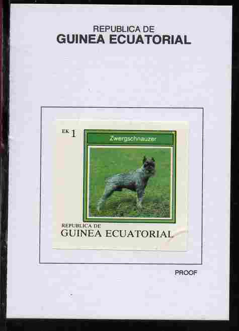 Equatorial Guinea 1977 Dogs 1EK Zwergschnauzer proof in issued colours mounted on small card - as Michel 1129, stamps on dogs