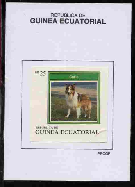 Equatorial Guinea 1977 Dogs 25EK Collie proof in issued colours mounted on small card - as Michel 1133, stamps on dogs, stamps on collie